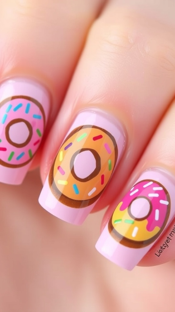 Close-up of colorful donut nail art with icing and sprinkles on manicured nails.